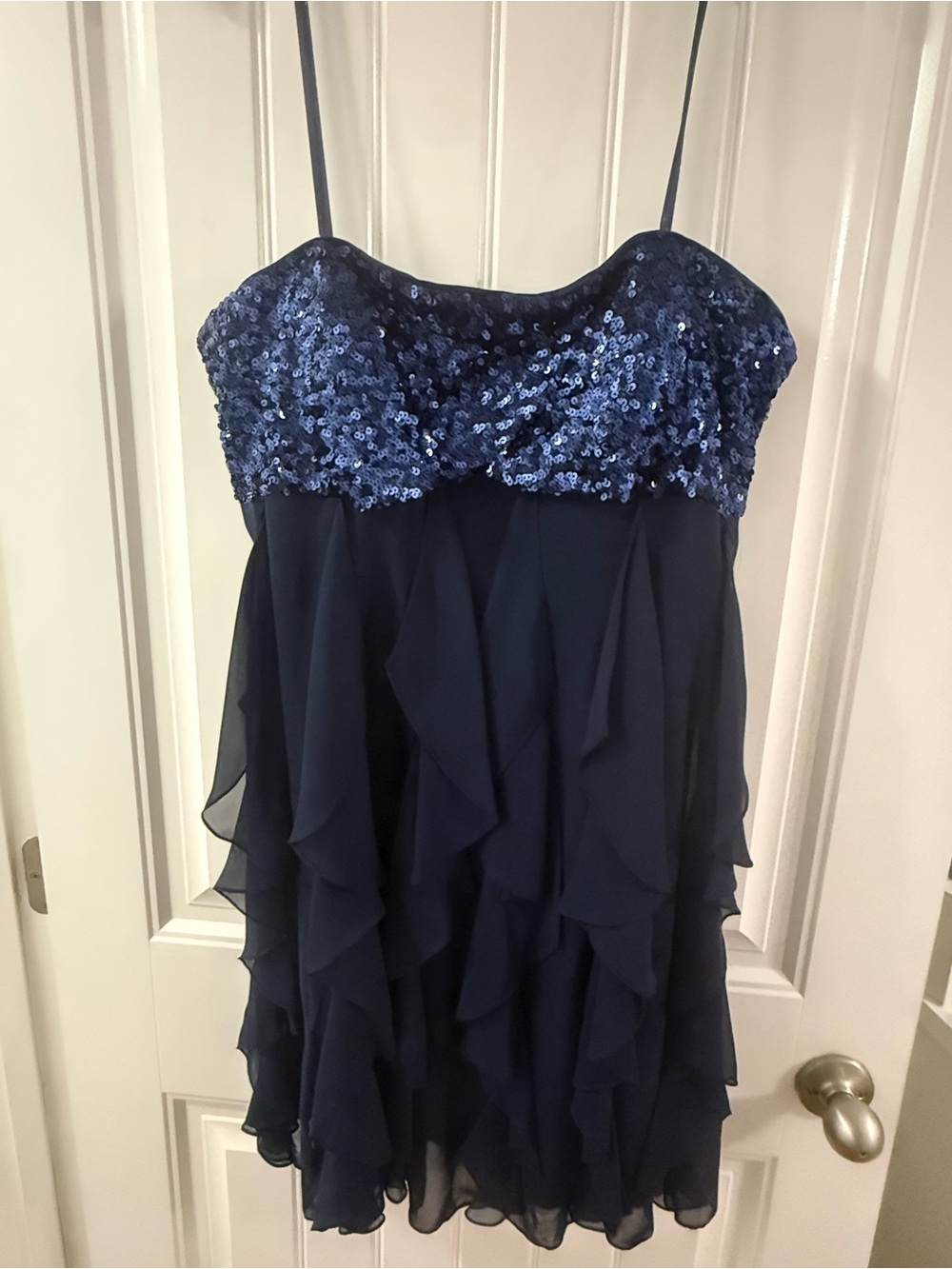 Ladies Navy Sequin Bodice Ruffle Dress